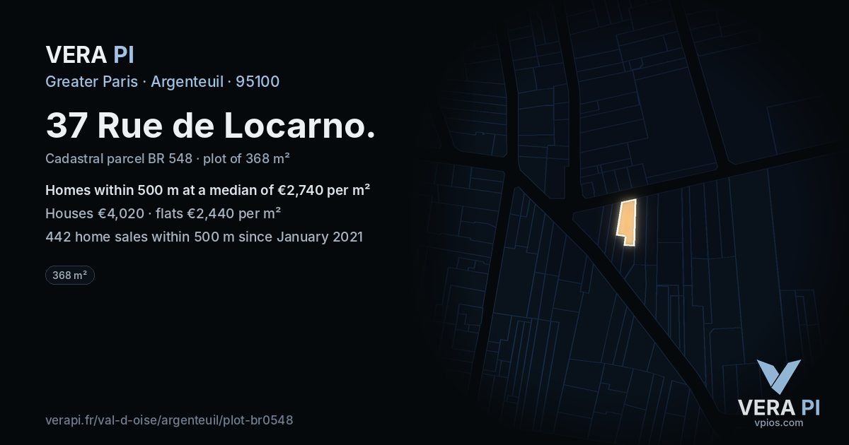 37 Rue de Locarno, Argenteuil at night – the plot lit, the parcels around coloured by the prices near them