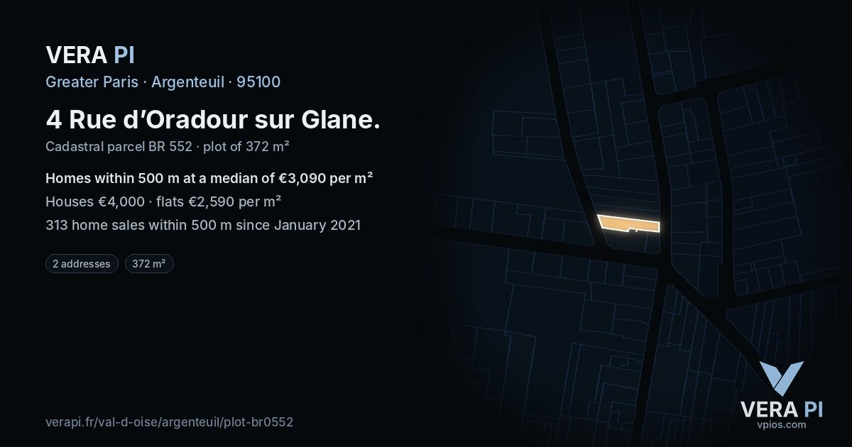 4 Rue d’Oradour sur Glane, Argenteuil at night – the plot lit, the parcels around coloured by the prices near them