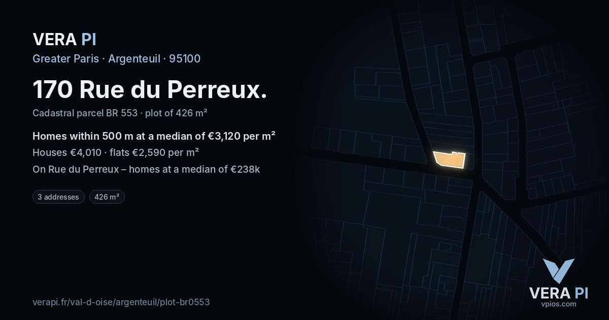 170 Rue du Perreux, Argenteuil at night – the plot lit, the parcels around coloured by the prices near them