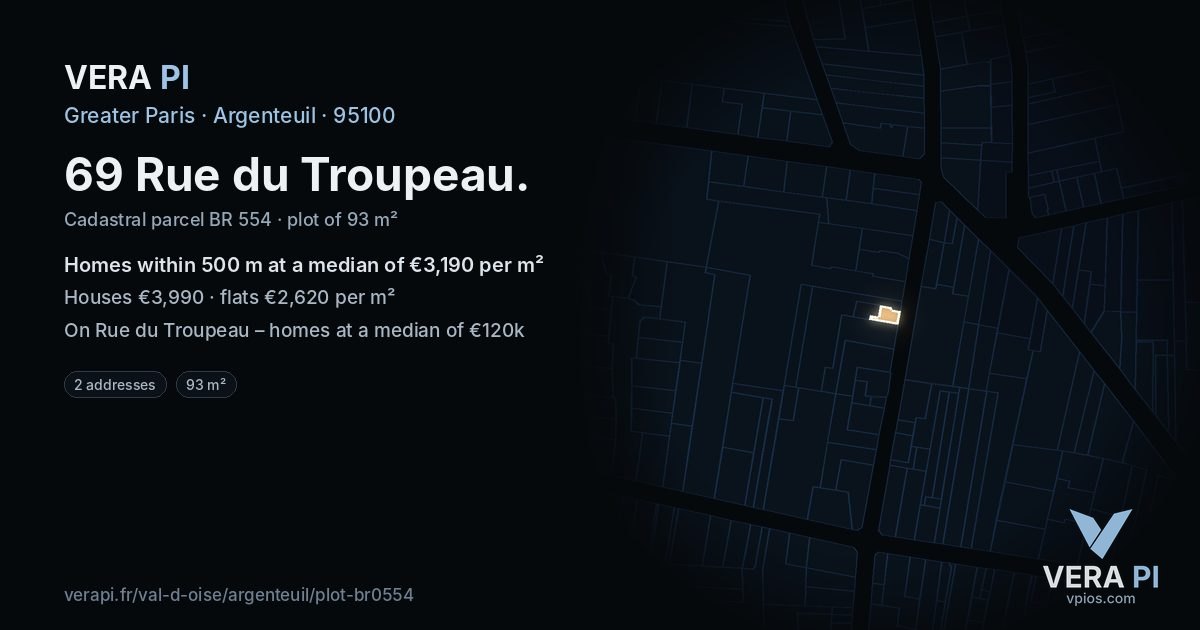 69 Rue du Troupeau, Argenteuil at night – the plot lit, the parcels around coloured by the prices near them
