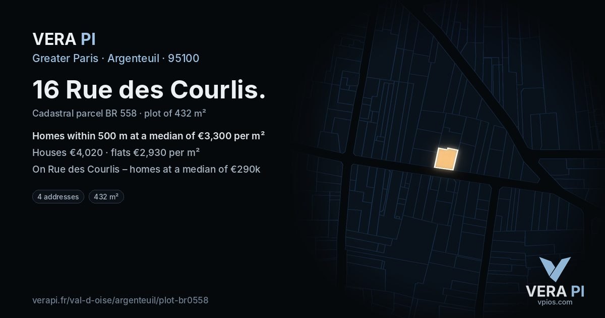16 Rue des Courlis, Argenteuil at night – the plot lit, the parcels around coloured by the prices near them