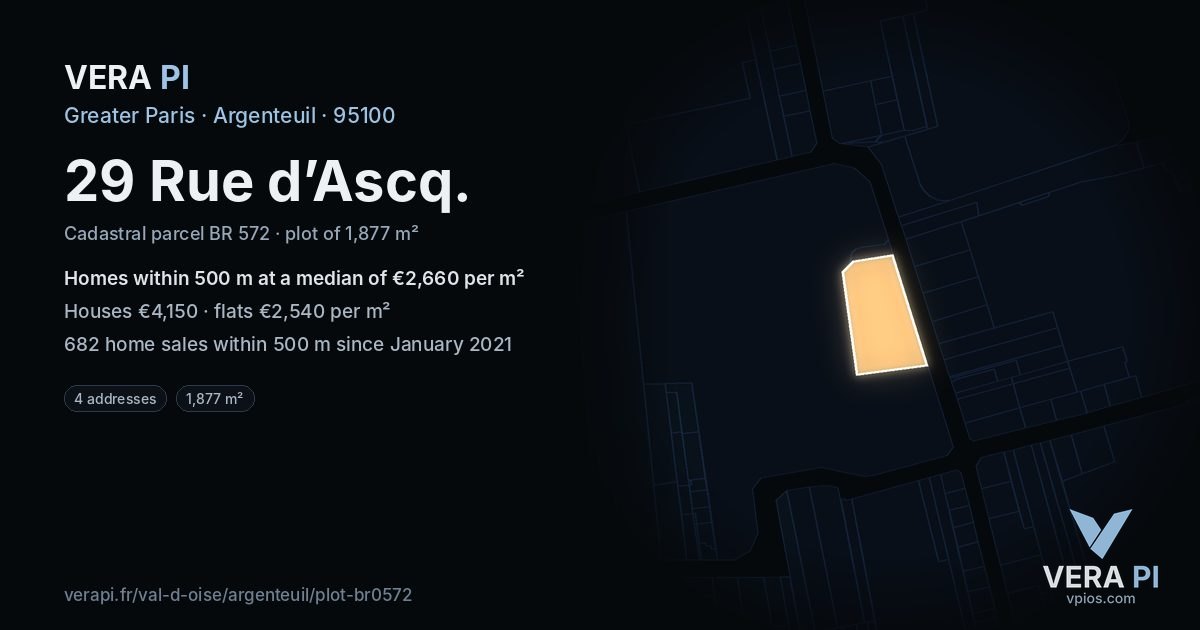 29 Rue d’Ascq, Argenteuil at night – the plot lit, the parcels around coloured by the prices near them