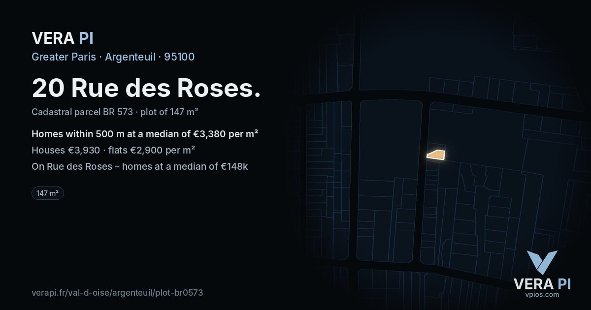 20 Rue des Roses, Argenteuil at night – the plot lit, the parcels around coloured by the prices near them