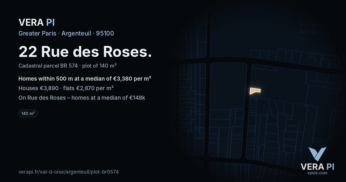 22 Rue des Roses, Argenteuil at night – the plot lit, the parcels around coloured by the prices near them