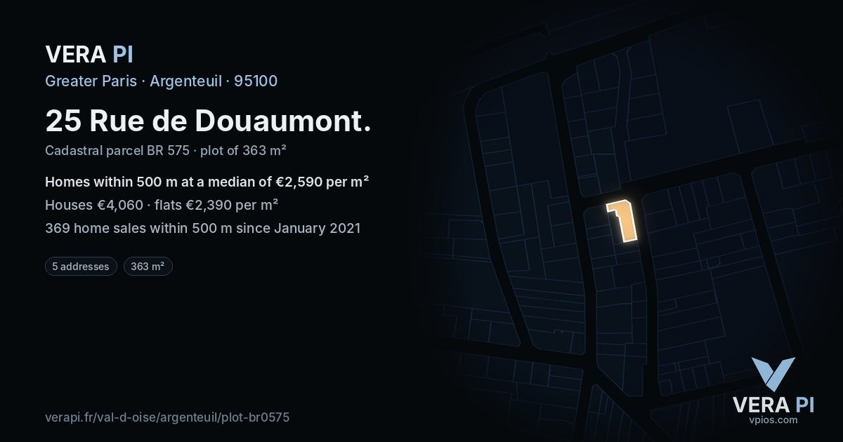 25 Rue de Douaumont, Argenteuil at night – the plot lit, the parcels around coloured by the prices near them