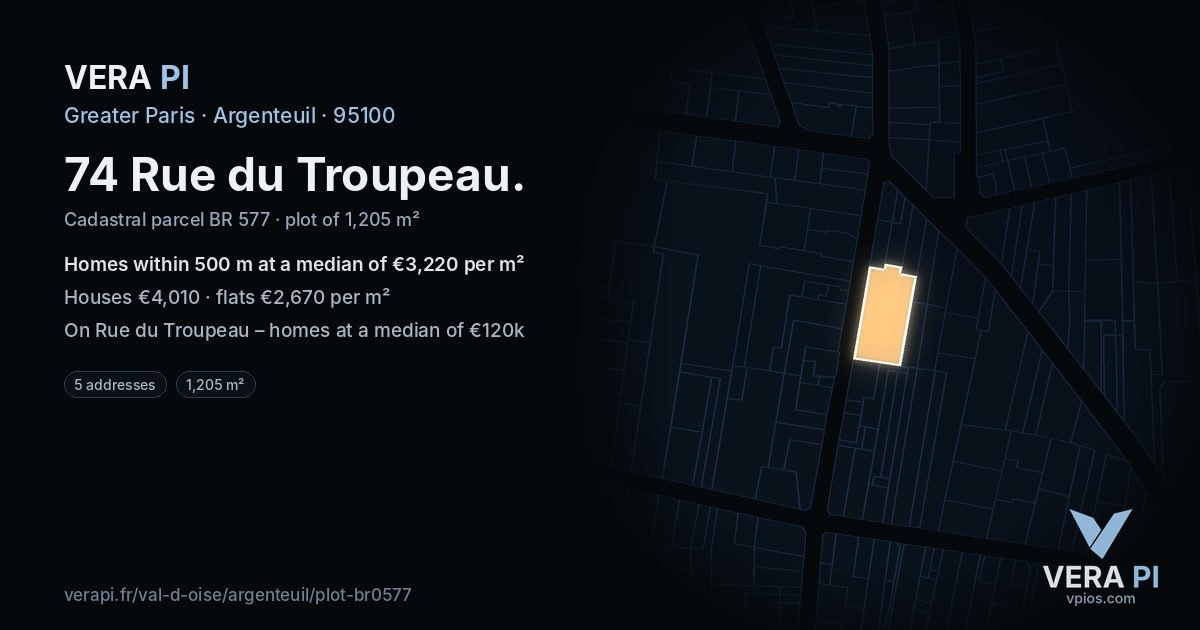 74 Rue du Troupeau, Argenteuil at night – the plot lit, the parcels around coloured by the prices near them
