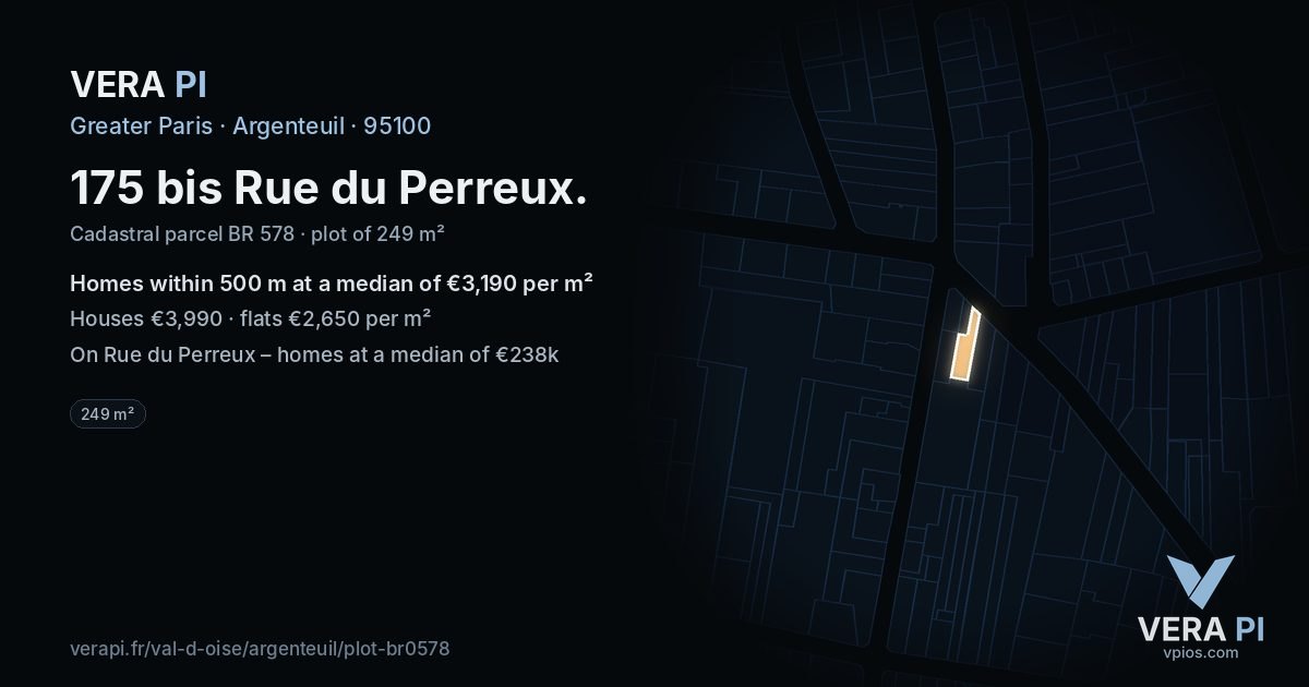 175 bis Rue du Perreux, Argenteuil at night – the plot lit, the parcels around coloured by the prices near them