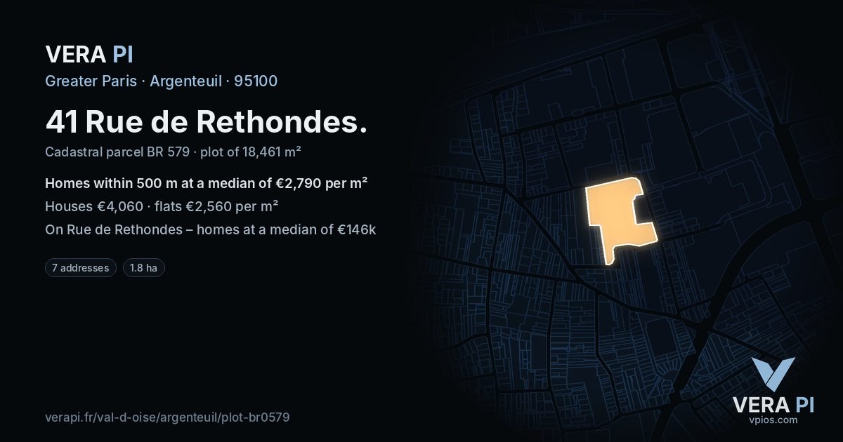 41 Rue de Rethondes, Argenteuil at night – the plot lit, the parcels around coloured by the prices near them