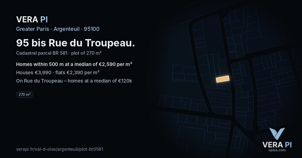95 bis Rue du Troupeau, Argenteuil at night – the plot lit, the parcels around coloured by the prices near them