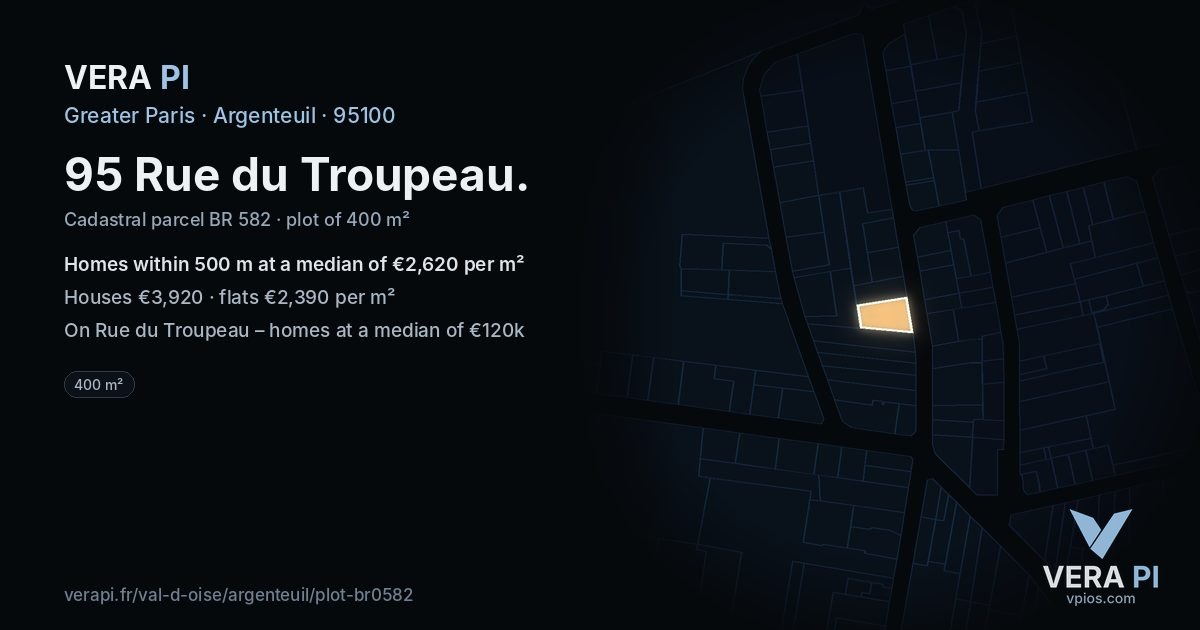 95 Rue du Troupeau, Argenteuil at night – the plot lit, the parcels around coloured by the prices near them