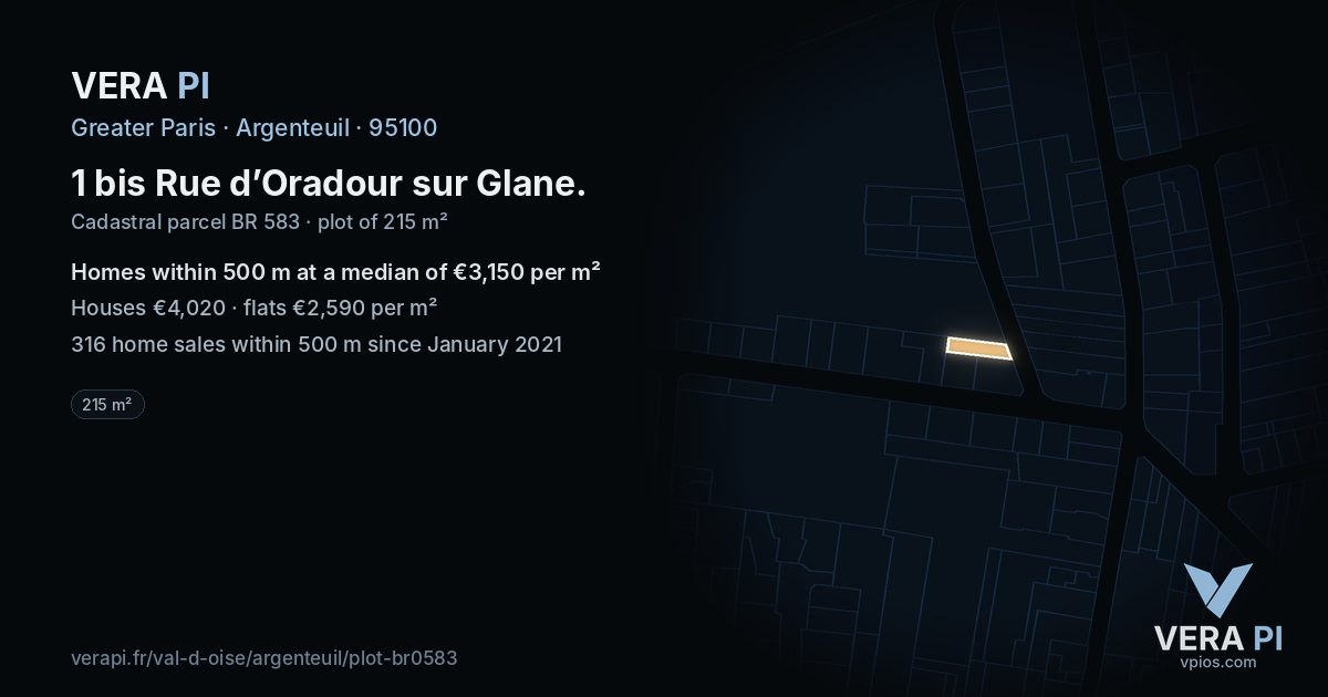 1 bis Rue d’Oradour sur Glane, Argenteuil at night – the plot lit, the parcels around coloured by the prices near them