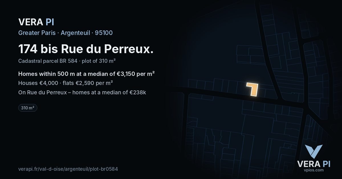 174 bis Rue du Perreux, Argenteuil at night – the plot lit, the parcels around coloured by the prices near them