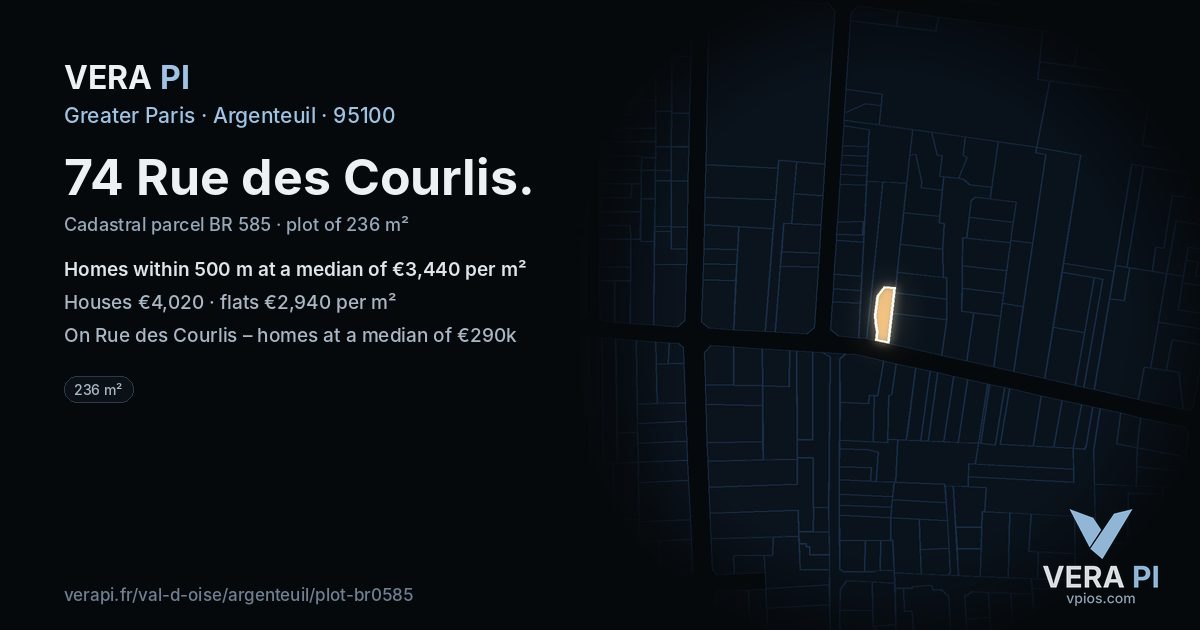 74 Rue des Courlis, Argenteuil at night – the plot lit, the parcels around coloured by the prices near them