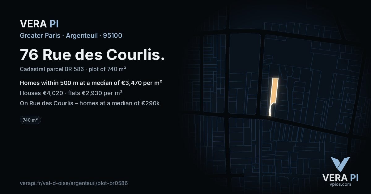 76 Rue des Courlis, Argenteuil at night – the plot lit, the parcels around coloured by the prices near them