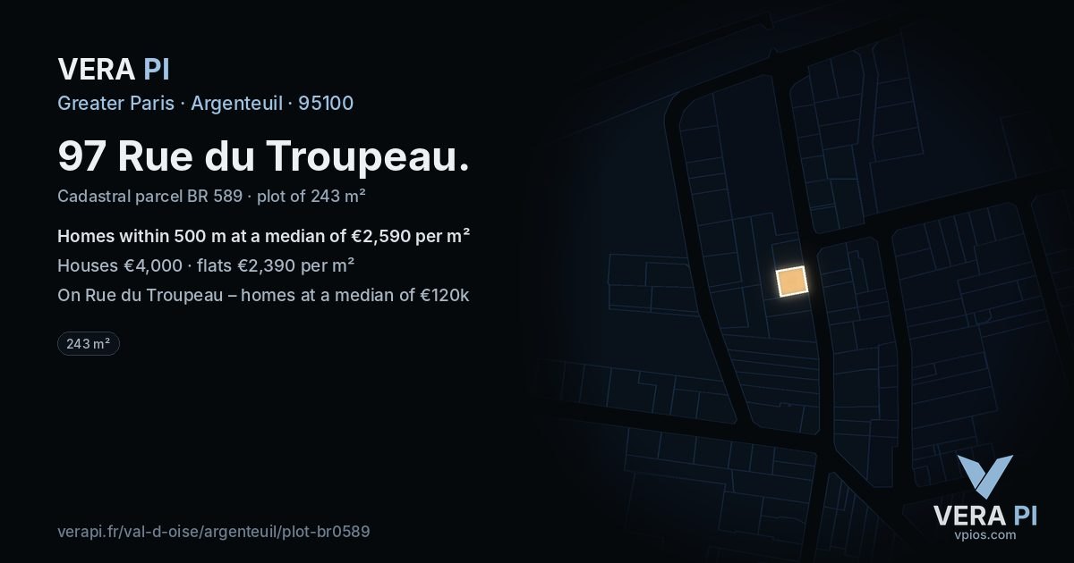 97 Rue du Troupeau, Argenteuil at night – the plot lit, the parcels around coloured by the prices near them