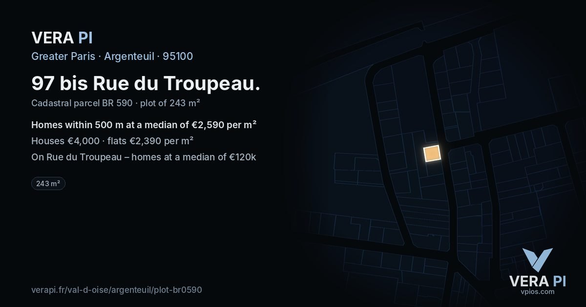 97 bis Rue du Troupeau, Argenteuil at night – the plot lit, the parcels around coloured by the prices near them