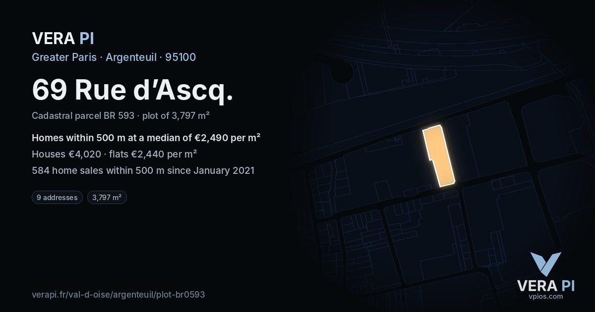 69 Rue d’Ascq, Argenteuil at night – the plot lit, the parcels around coloured by the prices near them