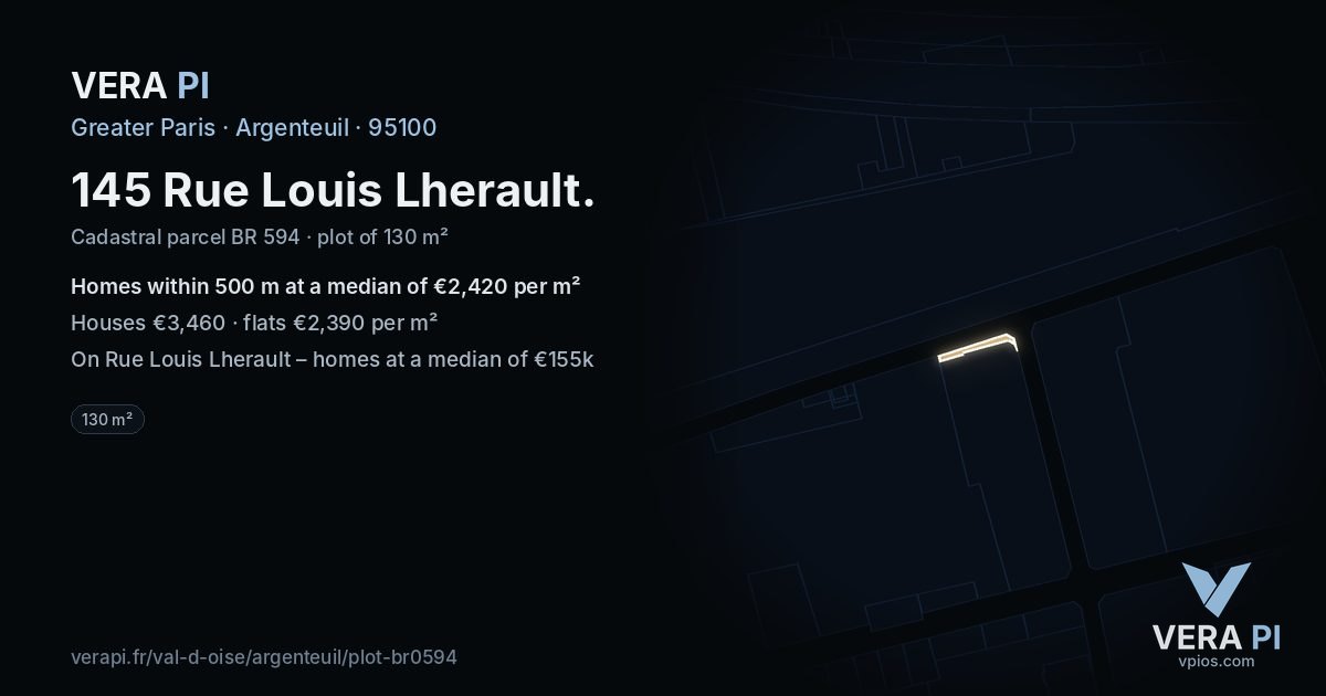 145 Rue Louis Lherault, Argenteuil at night – the plot lit, the parcels around coloured by the prices near them