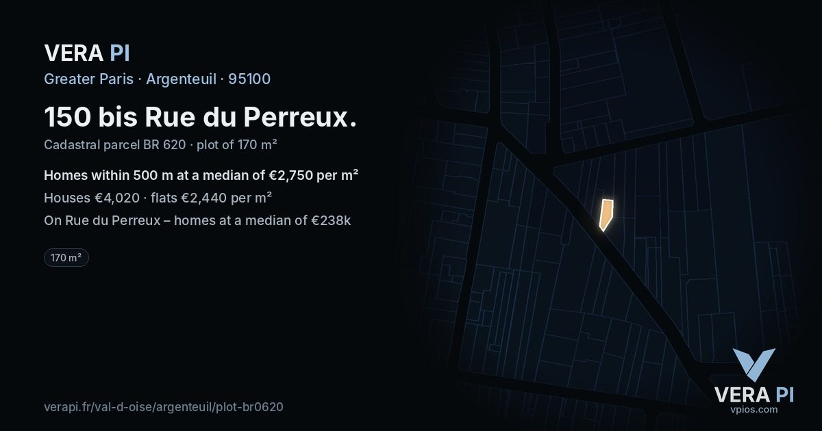 150 bis Rue du Perreux, Argenteuil at night – the plot lit, the parcels around coloured by the prices near them