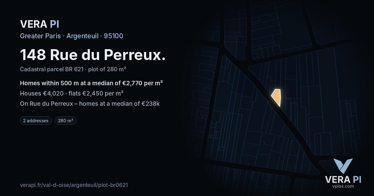 148 Rue du Perreux, Argenteuil at night – the plot lit, the parcels around coloured by the prices near them