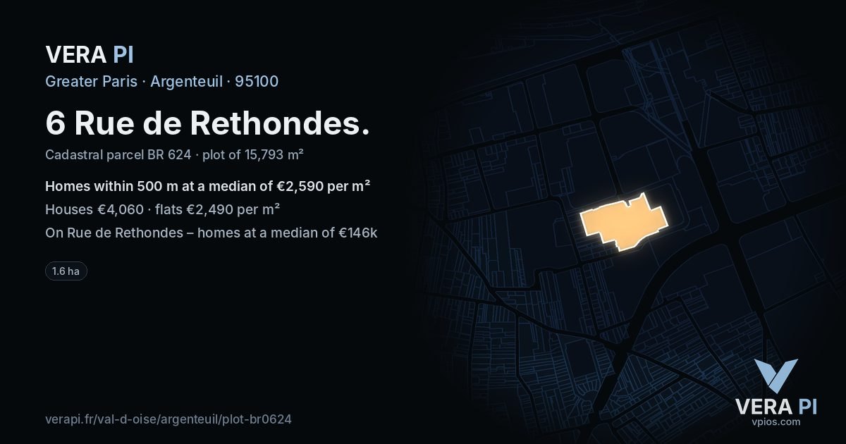 6 Rue de Rethondes, Argenteuil at night – the plot lit, the parcels around coloured by the prices near them