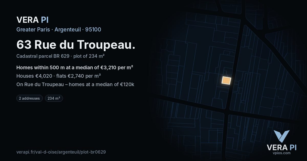 63 Rue du Troupeau, Argenteuil at night – the plot lit, the parcels around coloured by the prices near them