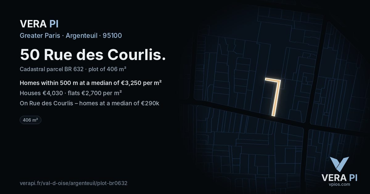 50 Rue des Courlis, Argenteuil at night – the plot lit, the parcels around coloured by the prices near them
