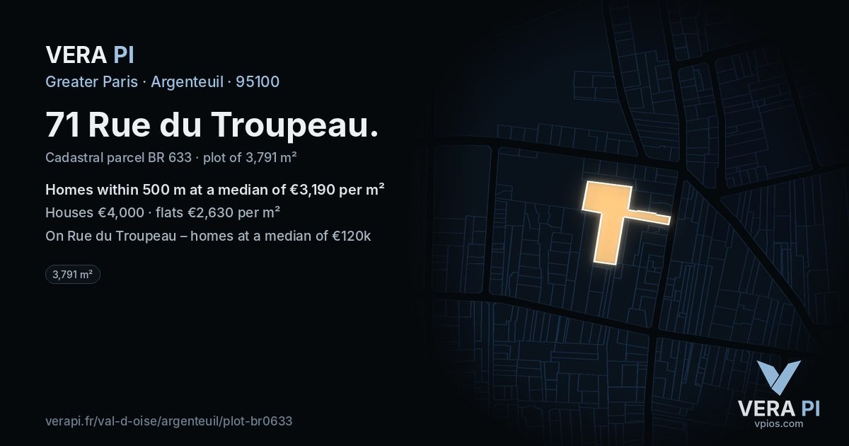 71 Rue du Troupeau, Argenteuil at night – the plot lit, the parcels around coloured by the prices near them
