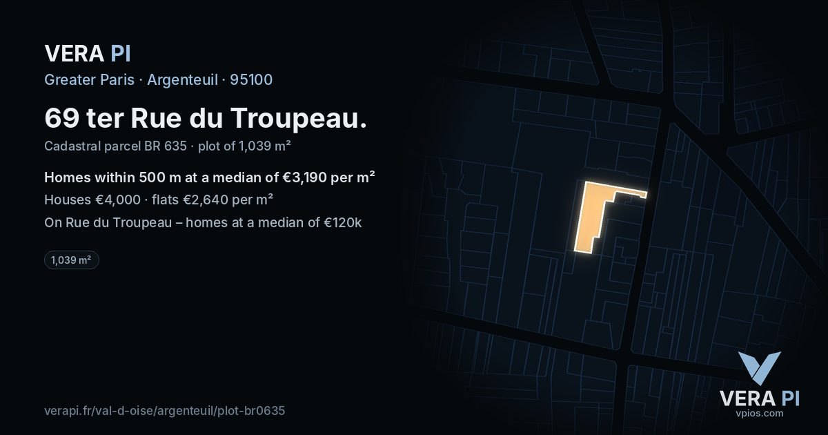 69 ter Rue du Troupeau, Argenteuil at night – the plot lit, the parcels around coloured by the prices near them