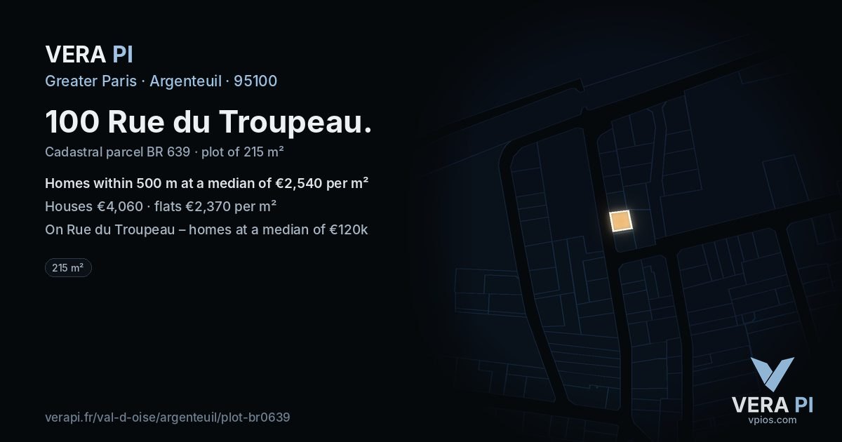 100 Rue du Troupeau, Argenteuil at night – the plot lit, the parcels around coloured by the prices near them