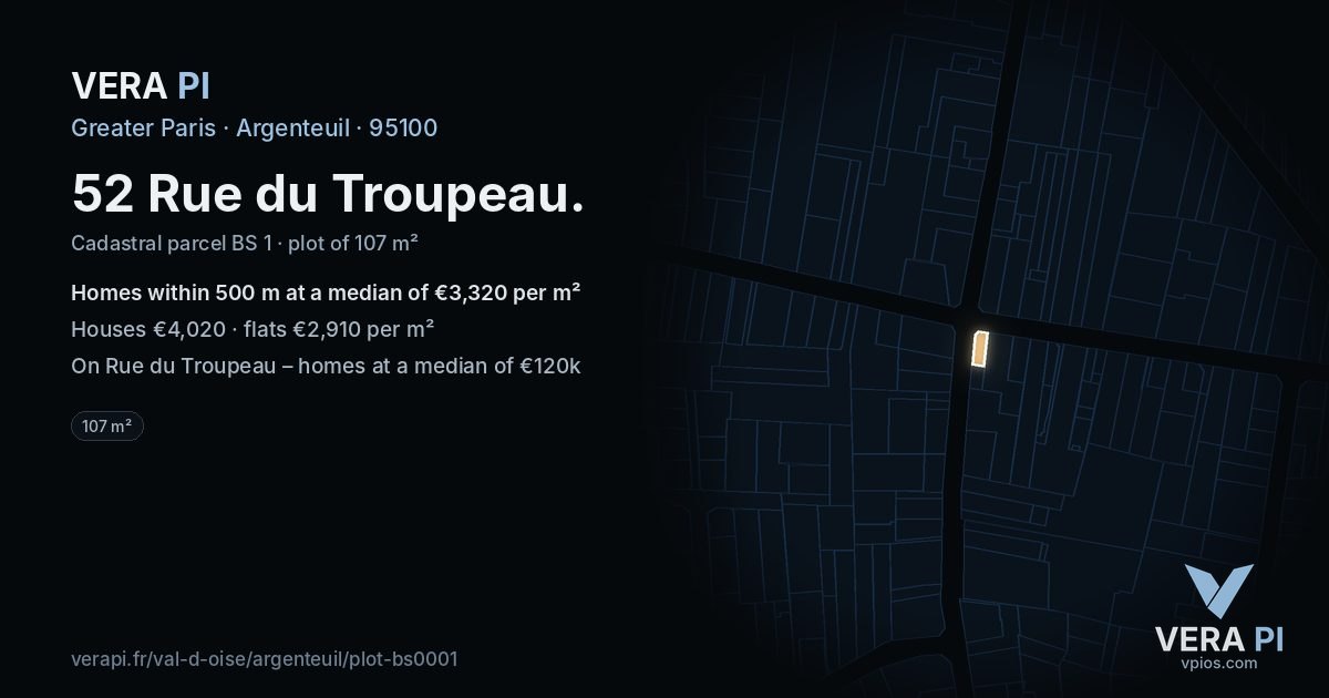 52 Rue du Troupeau, Argenteuil at night – the plot lit, the parcels around coloured by the prices near them