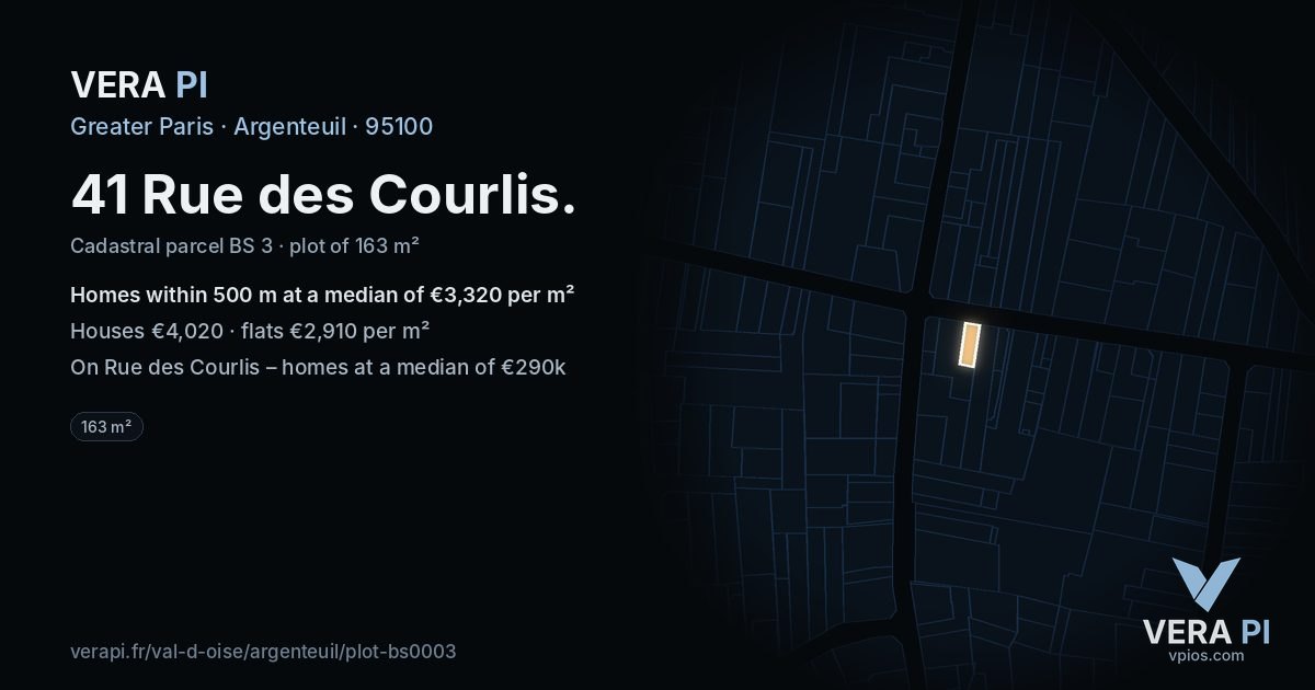 41 Rue des Courlis, Argenteuil at night – the plot lit, the parcels around coloured by the prices near them
