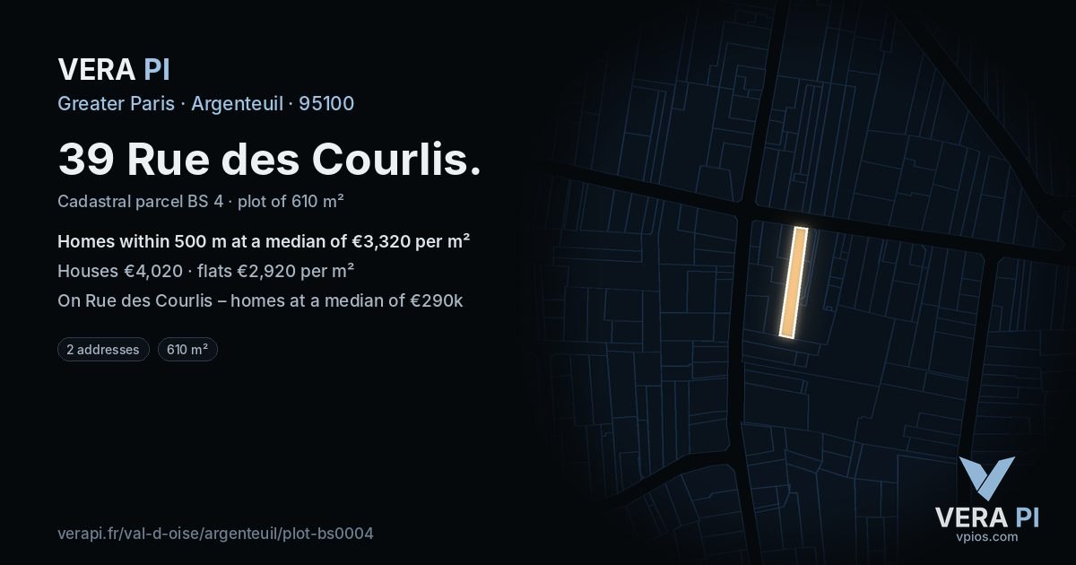39 Rue des Courlis, Argenteuil at night – the plot lit, the parcels around coloured by the prices near them