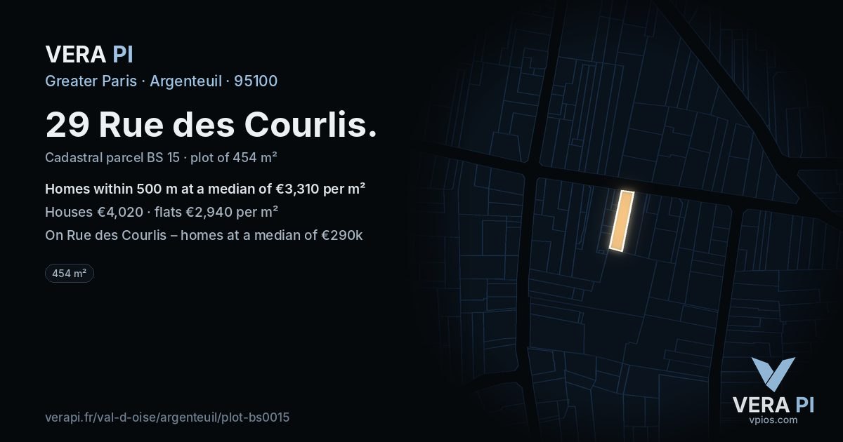 29 Rue des Courlis, Argenteuil at night – the plot lit, the parcels around coloured by the prices near them