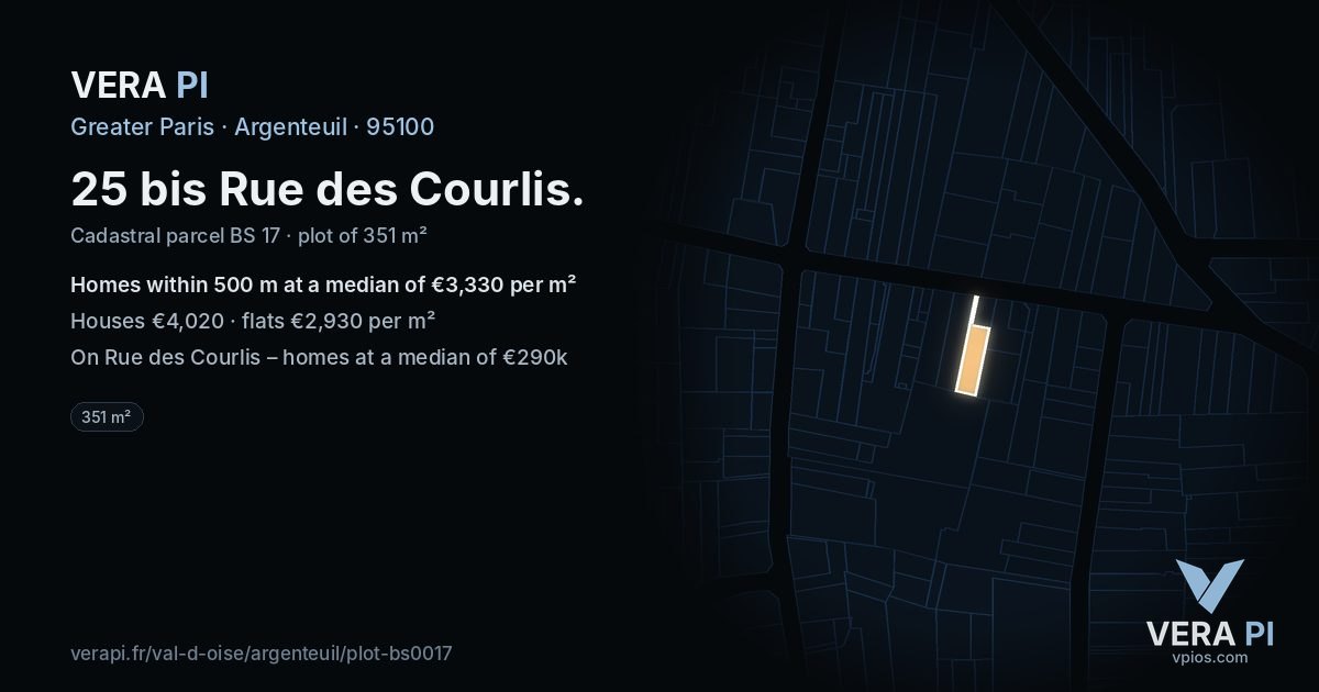 25 bis Rue des Courlis, Argenteuil at night – the plot lit, the parcels around coloured by the prices near them
