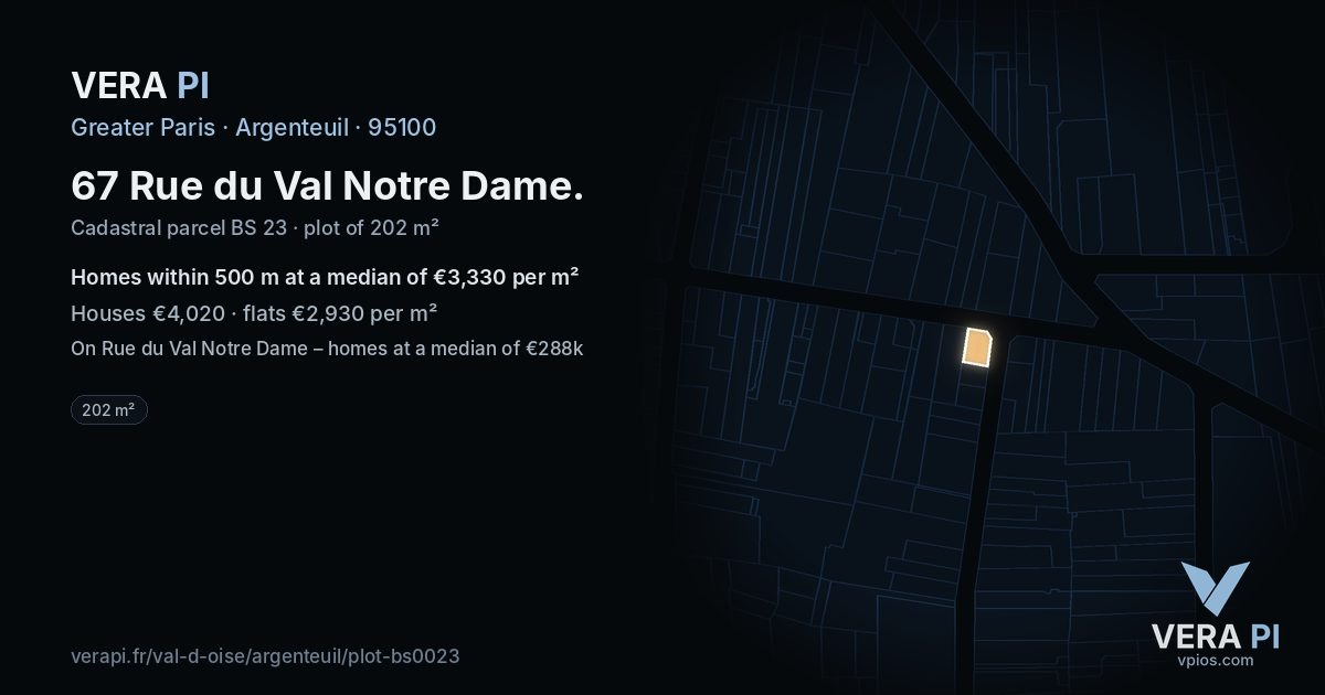 67 Rue du Val Notre Dame, Argenteuil at night – the plot lit, the parcels around coloured by the prices near them