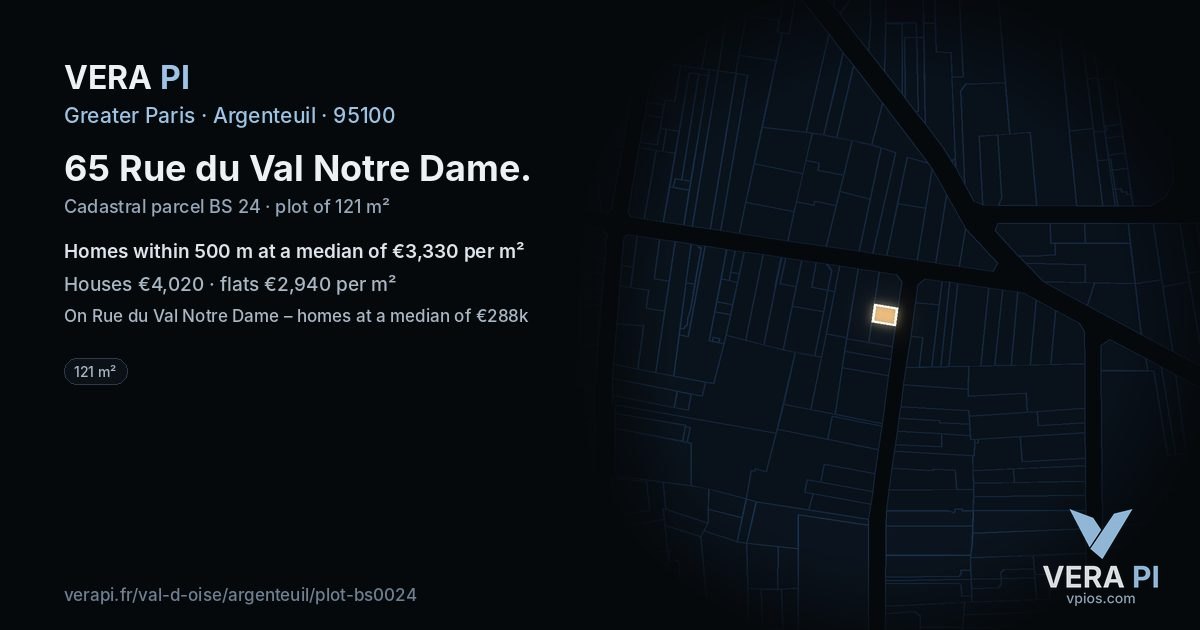 65 Rue du Val Notre Dame, Argenteuil at night – the plot lit, the parcels around coloured by the prices near them