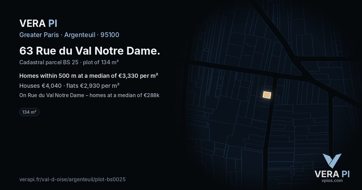 63 Rue du Val Notre Dame, Argenteuil at night – the plot lit, the parcels around coloured by the prices near them