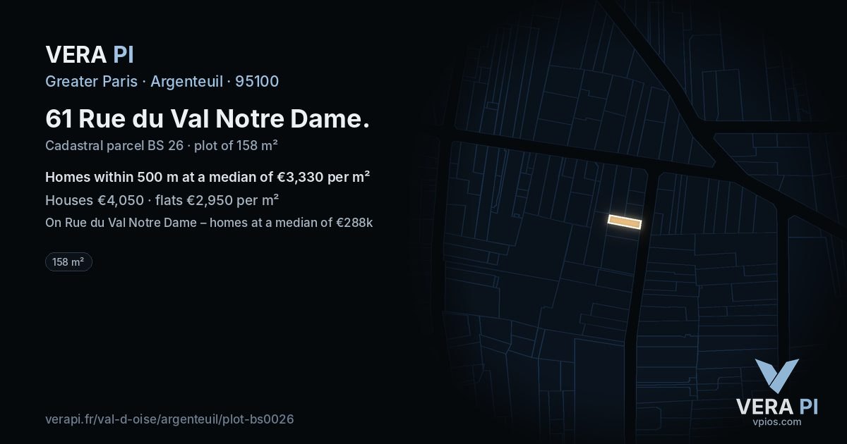 61 Rue du Val Notre Dame, Argenteuil at night – the plot lit, the parcels around coloured by the prices near them