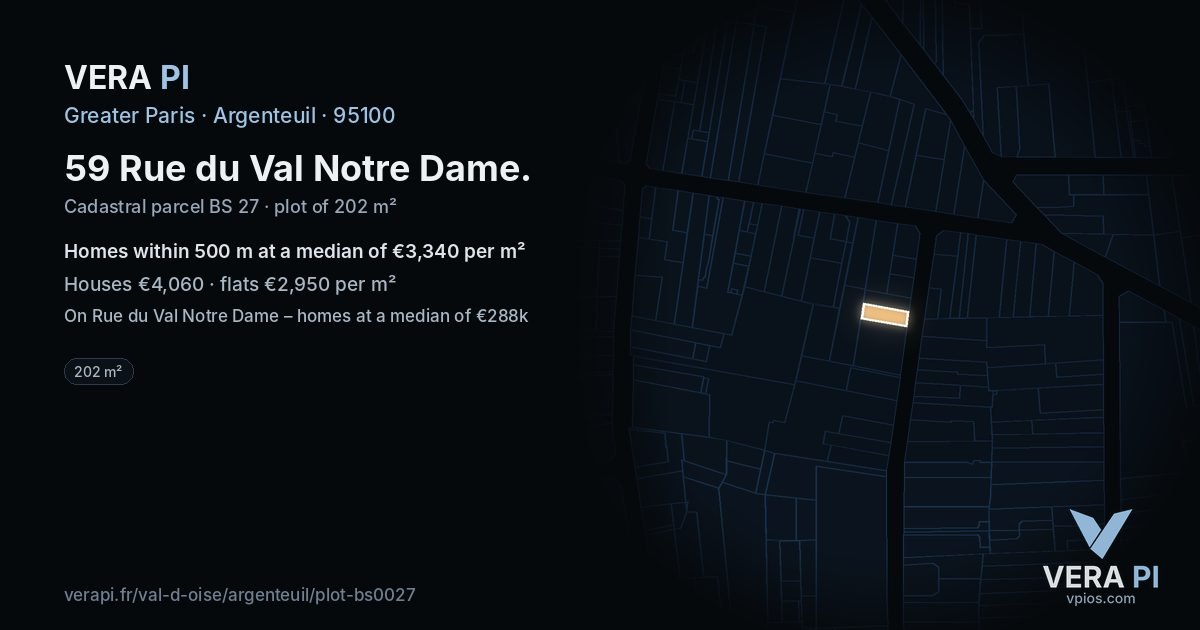 59 Rue du Val Notre Dame, Argenteuil at night – the plot lit, the parcels around coloured by the prices near them