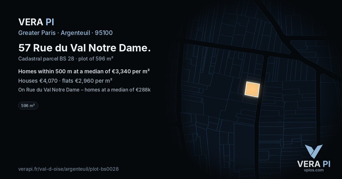 57 Rue du Val Notre Dame, Argenteuil at night – the plot lit, the parcels around coloured by the prices near them