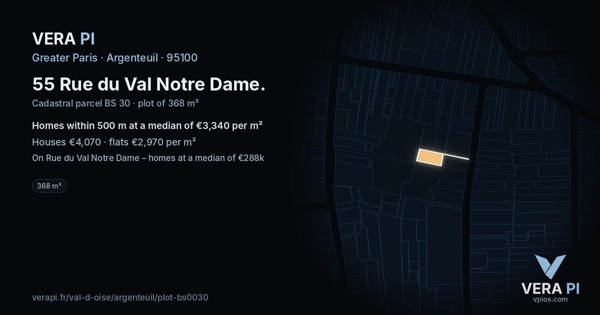 55 Rue du Val Notre Dame, Argenteuil at night – the plot lit, the parcels around coloured by the prices near them