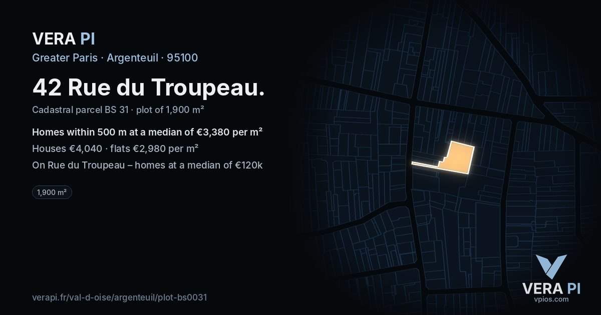 42 Rue du Troupeau, Argenteuil at night – the plot lit, the parcels around coloured by the prices near them