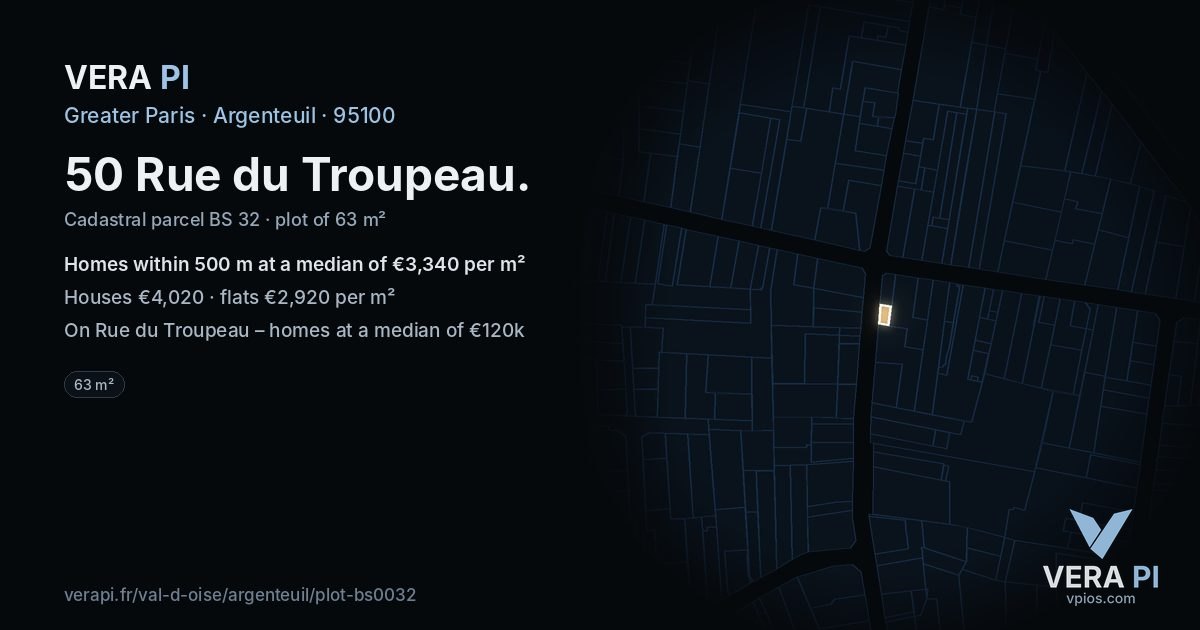50 Rue du Troupeau, Argenteuil at night – the plot lit, the parcels around coloured by the prices near them