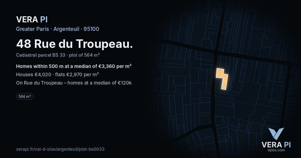 48 Rue du Troupeau, Argenteuil at night – the plot lit, the parcels around coloured by the prices near them