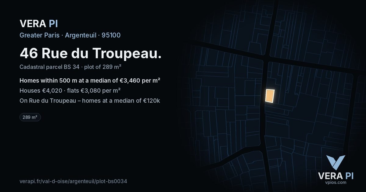 46 Rue du Troupeau, Argenteuil at night – the plot lit, the parcels around coloured by the prices near them