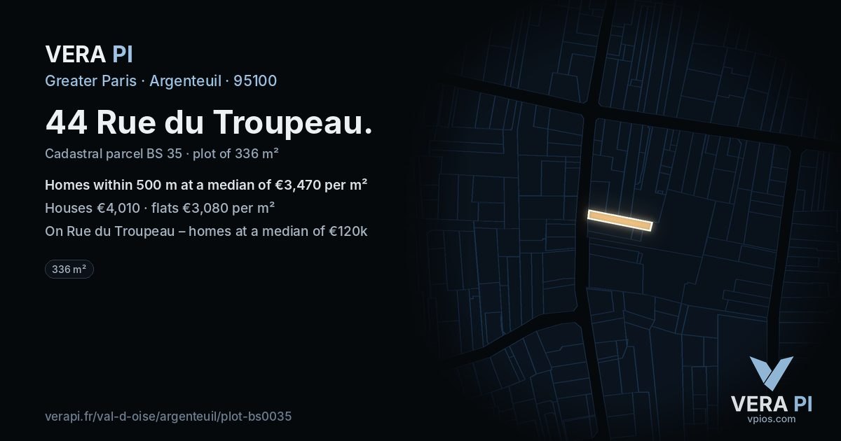 44 Rue du Troupeau, Argenteuil at night – the plot lit, the parcels around coloured by the prices near them