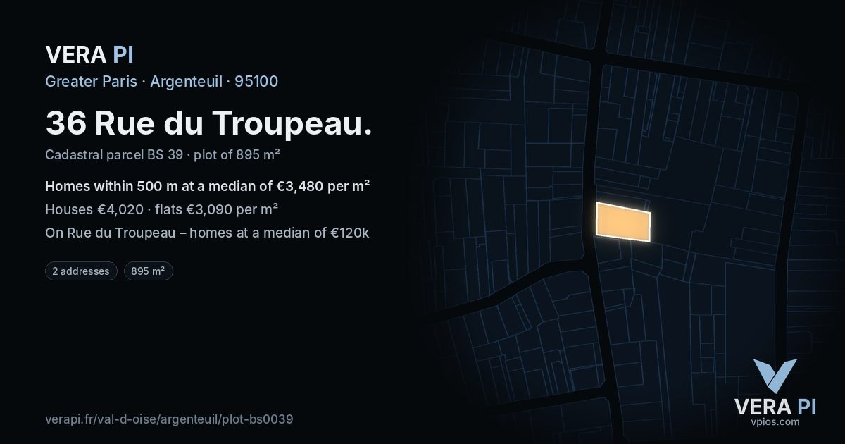 36 Rue du Troupeau, Argenteuil at night – the plot lit, the parcels around coloured by the prices near them