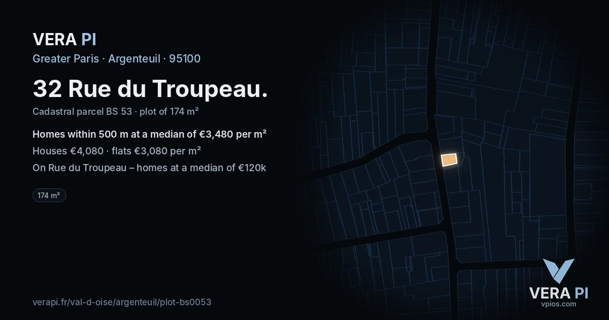 32 Rue du Troupeau, Argenteuil at night – the plot lit, the parcels around coloured by the prices near them