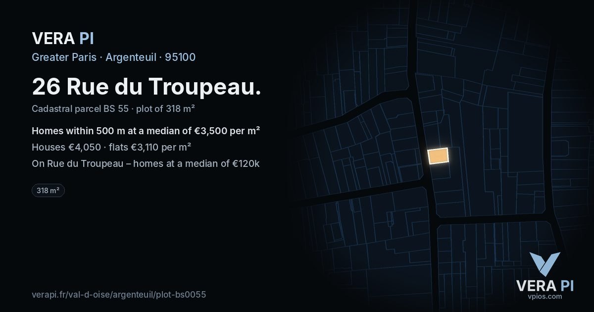 26 Rue du Troupeau, Argenteuil at night – the plot lit, the parcels around coloured by the prices near them